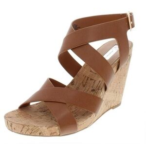 INC Women's Landor Faux Leather Strappy Wedges Tan